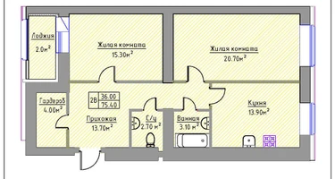 2-к. квартира, 75&nbsp;м²