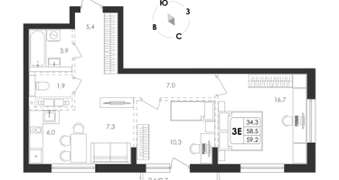 3-к. квартира, 59 м²