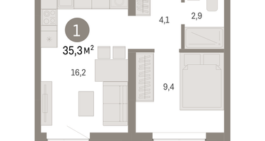 1-к. квартира, 35 м²