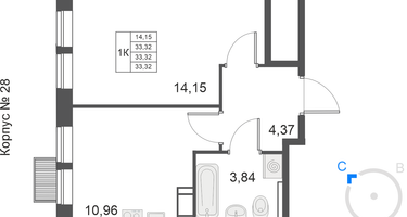 1-комнатная квартира, 33&nbsp;м²