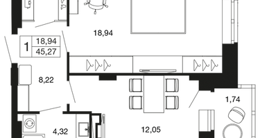 1-к. квартира, 45&nbsp;м²