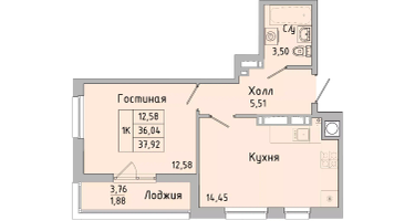 1-к. квартира, 36&nbsp;м²