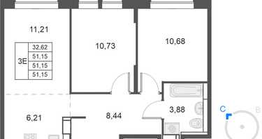 3-комнатная квартира, 51&nbsp;м²