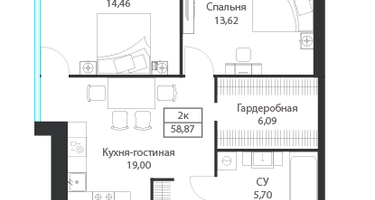 2-к. квартира, 58 м²