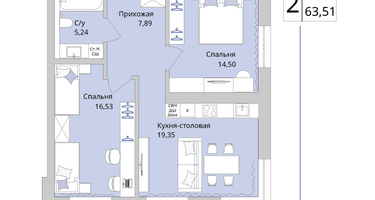 2-к. квартира, 63 м²