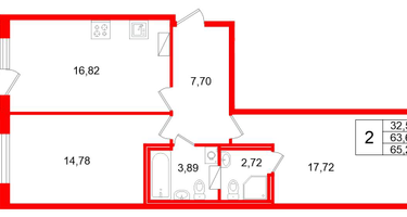 2-к. квартира, 65 м²