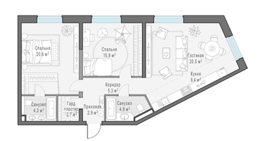 2-к. квартира, 86&nbsp;м²