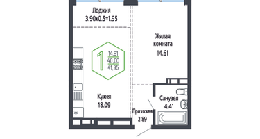 1-к. квартира, 41&nbsp;м²