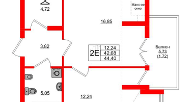 1-к. квартира, 44&nbsp;м²