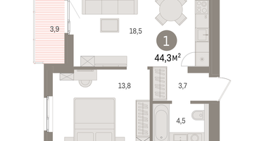 1-к. квартира, 44&nbsp;м²