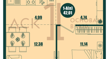 1-к. квартира, 42&nbsp;м²