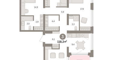 3-к. квартира, 118 м²