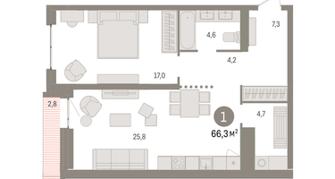 1-к. квартира, 66&nbsp;м²