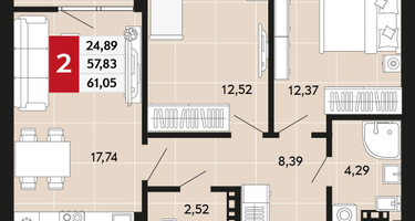 2-к. квартира, 61 м²