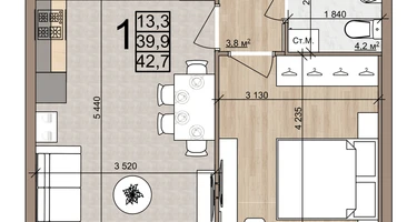 1-к. квартира, 42&nbsp;м²