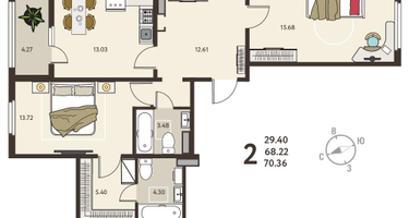 2-к. квартира, 70 м²