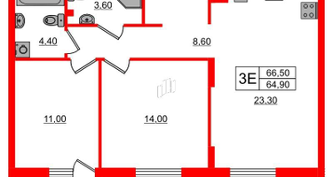 2-к. квартира, 66&nbsp;м²