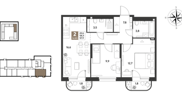 2-к. квартира, 57&nbsp;м²