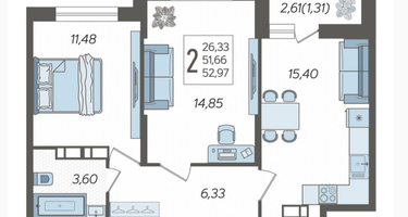 2-к. квартира, 53 м²