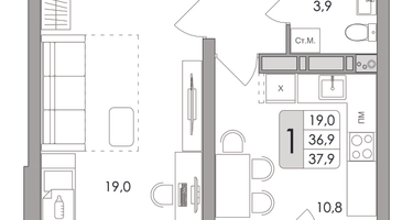 1-к. квартира, 37&nbsp;м²