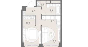 1-к. квартира, 42&nbsp;м²