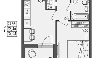1-к. квартира, 34 м²