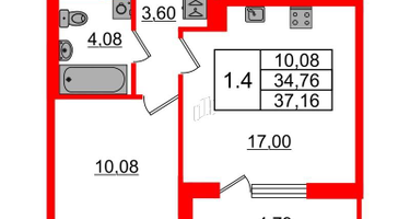 1-к. квартира, 34&nbsp;м²