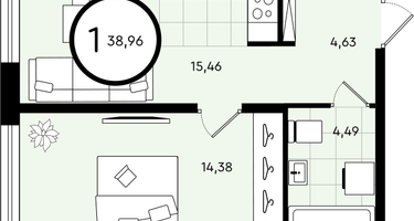 1-к. квартира, 38 м²