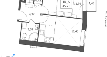 1-к. квартира, 45 м²