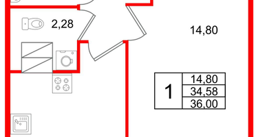 1-к. квартира, 36&nbsp;м²