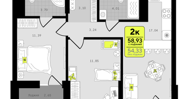2-к. квартира, 58&nbsp;м²