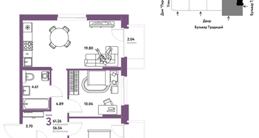 3-к. квартира, 61 м²