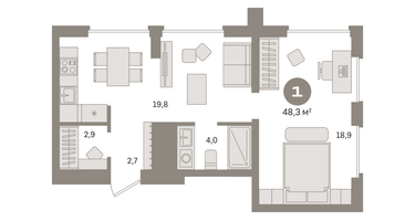 1-к. квартира, 48&nbsp;м²