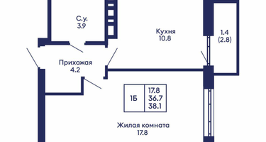1-к. квартира, 38 м²