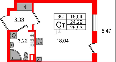 Студия, 24&nbsp;м²