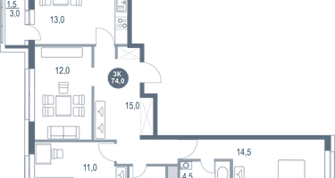 3-к. квартира, 74&nbsp;м²