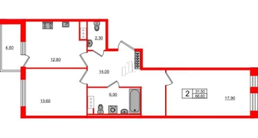 2-к. квартира, 66&nbsp;м²