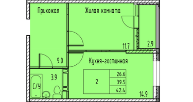 2-комнатная квартира, 40&nbsp;м²