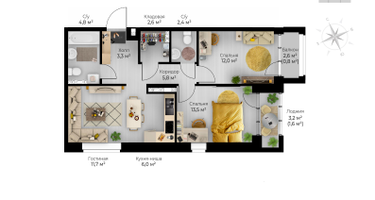 2-к. квартира, 65&nbsp;м²
