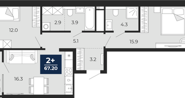 2-к. квартира, 67&nbsp;м²