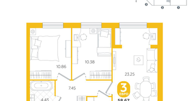 3-к. квартира, 58 м²