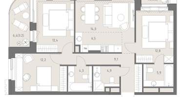 4-к. квартира, 86&nbsp;м²