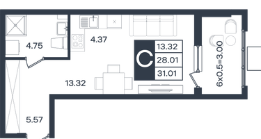 Студия, 31 м²