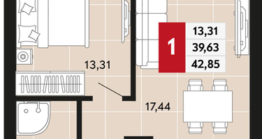 1-к. квартира, 42 м²