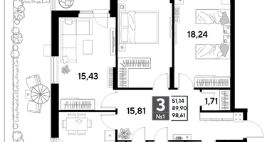 3-к. квартира, 98&nbsp;м²