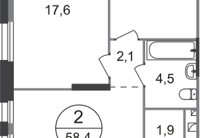 2-к. квартира, 58&nbsp;м²