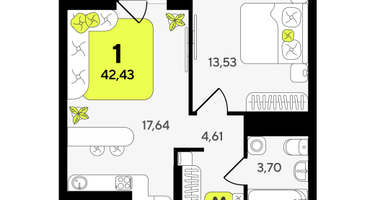 1-к. квартира, 42 м²
