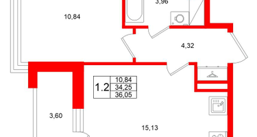 1-к. квартира, 34&nbsp;м²