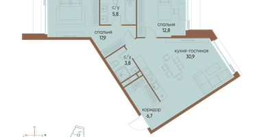 2-к. квартира, 77 м²