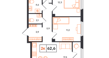2-к. квартира, 62&nbsp;м²